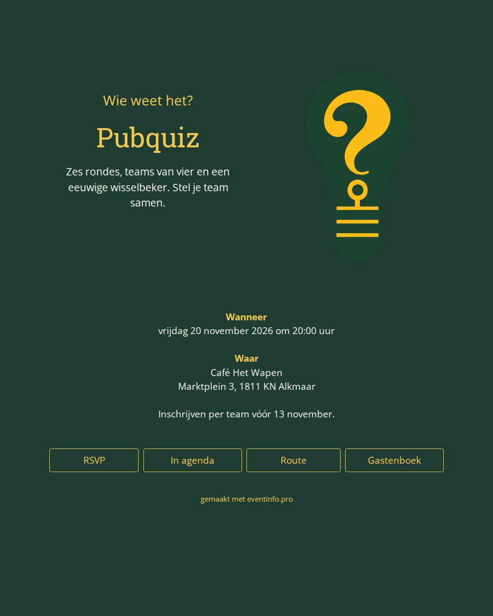 Kroegquiz-uitnodiging in smaragdgroen en goud &ndash; example 1