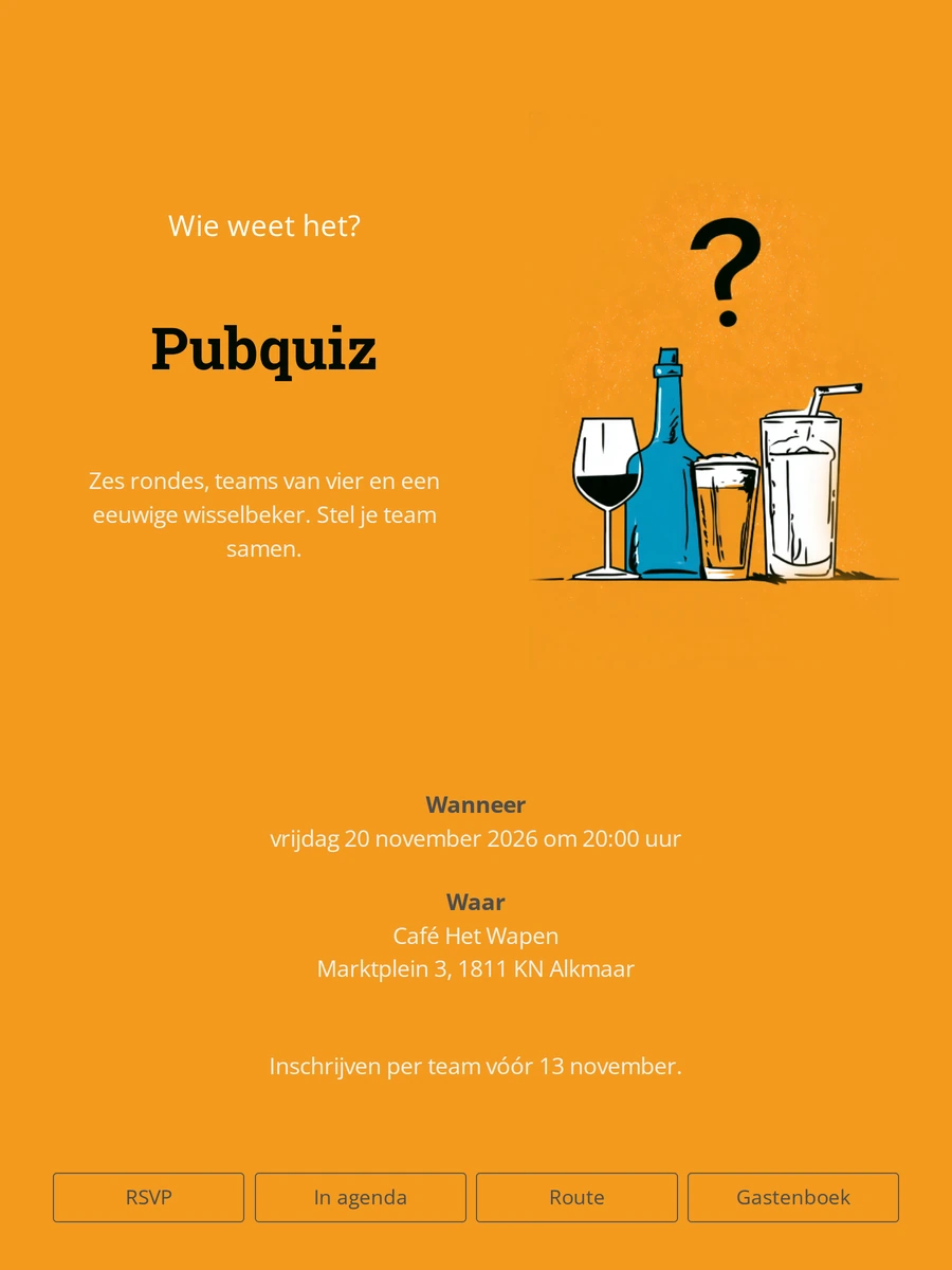 Pubquiz uitnodiging maken in oranje
