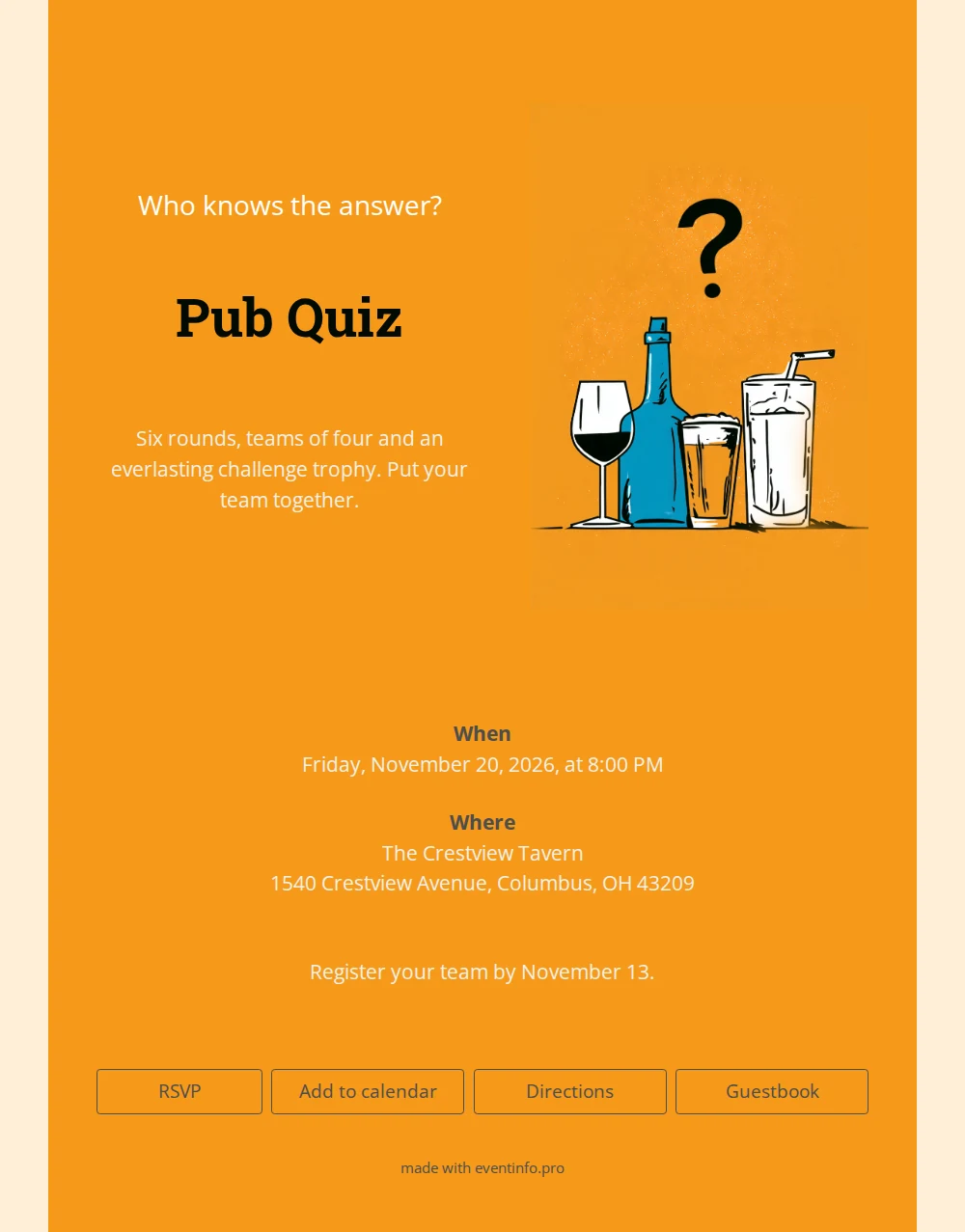 Send a pub quiz invitation with glasses &ndash; example 1