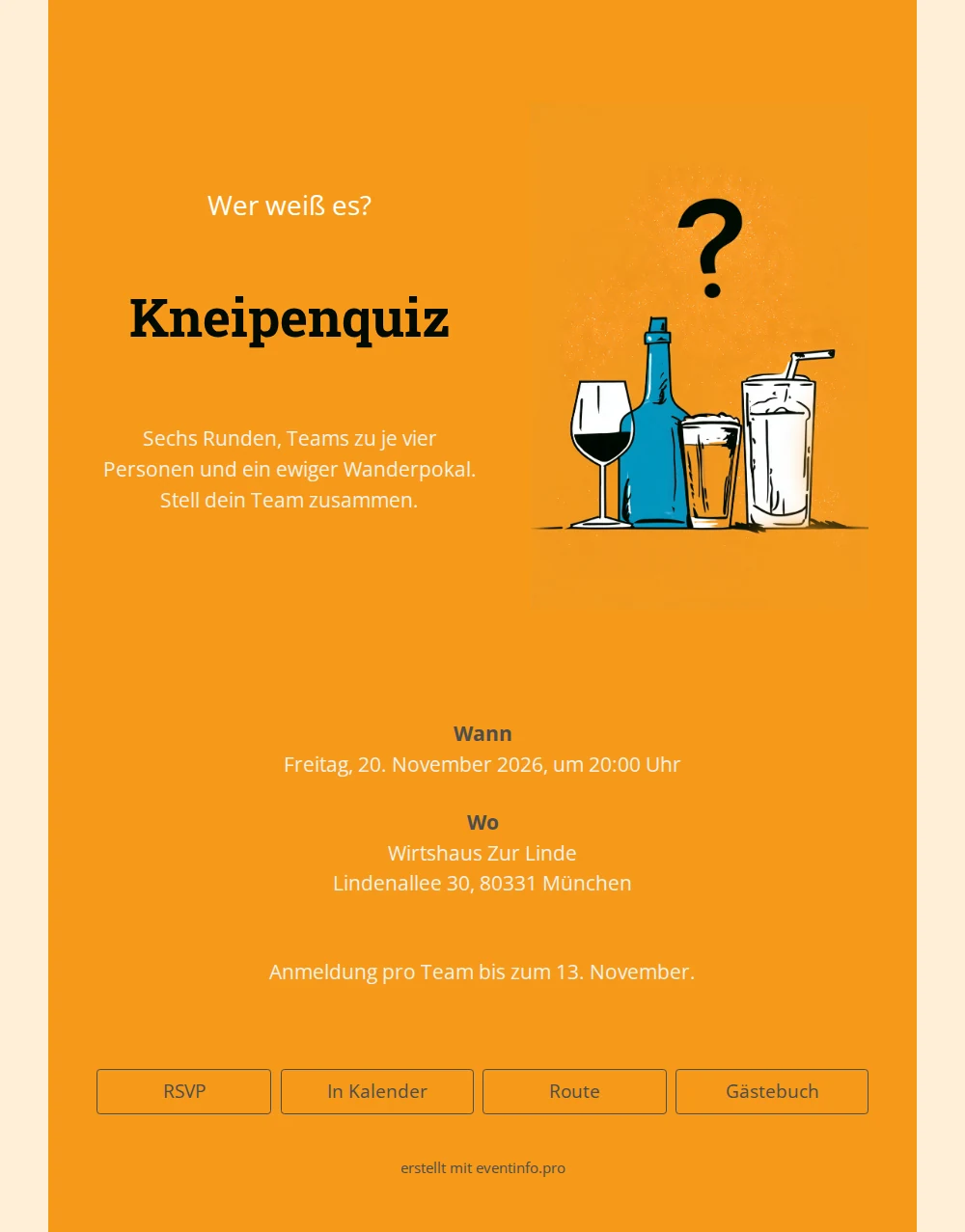 Kneipenquiz-Einladung mit Weinflasche und Gläsern &ndash; example 1