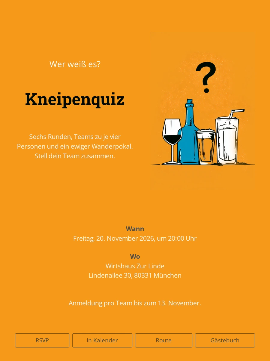 Kneipenquiz-Einladung mit Weinflasche und Gläsern