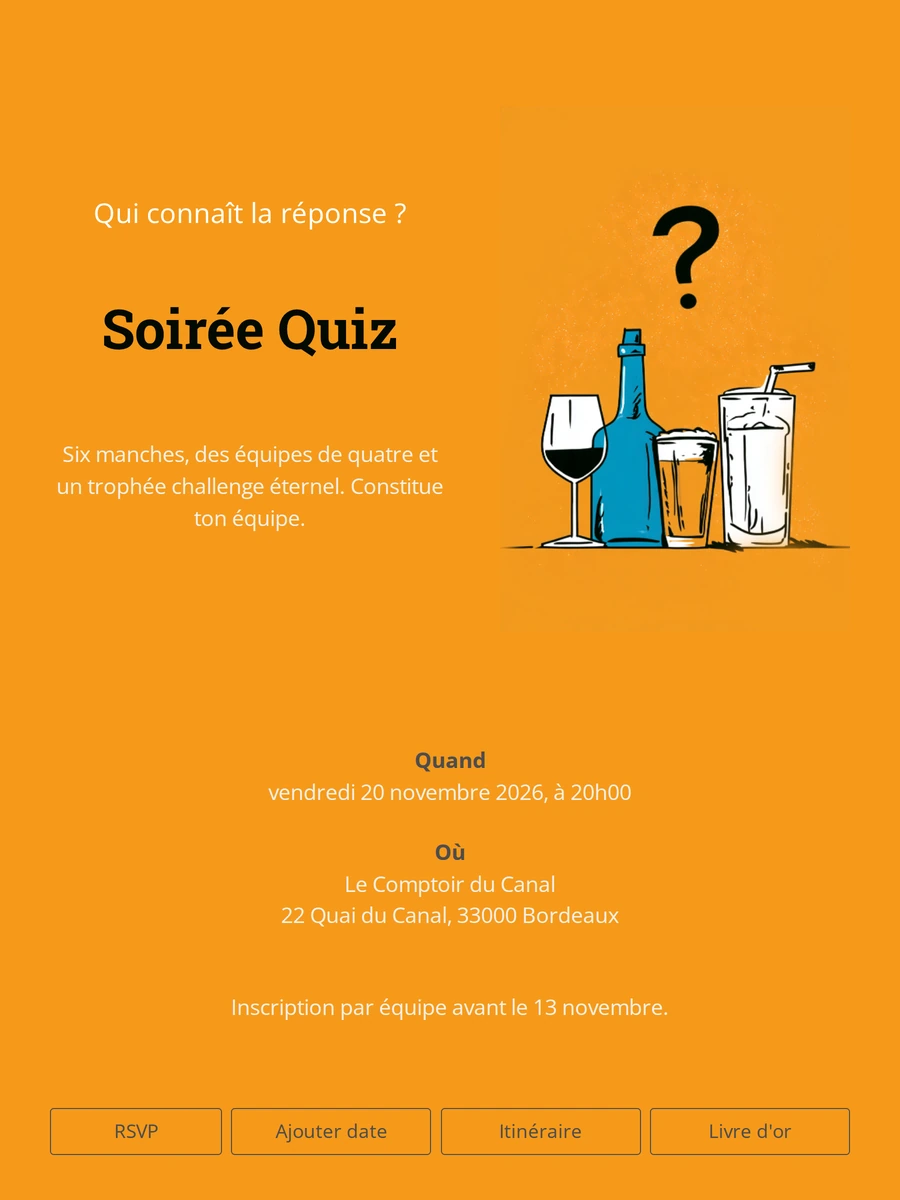 Invitation soirée quiz avec bouteille et verres