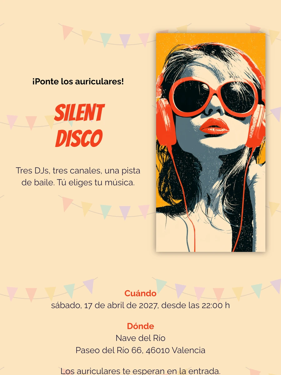 Invitación festiva de silent disco con guirnaldas