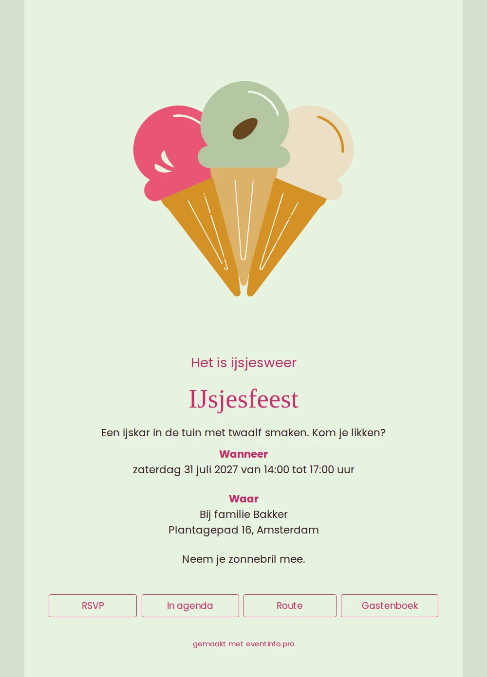 Mintgroene tuinfeest-uitnodiging met roze ijshoorntje &ndash; example 1