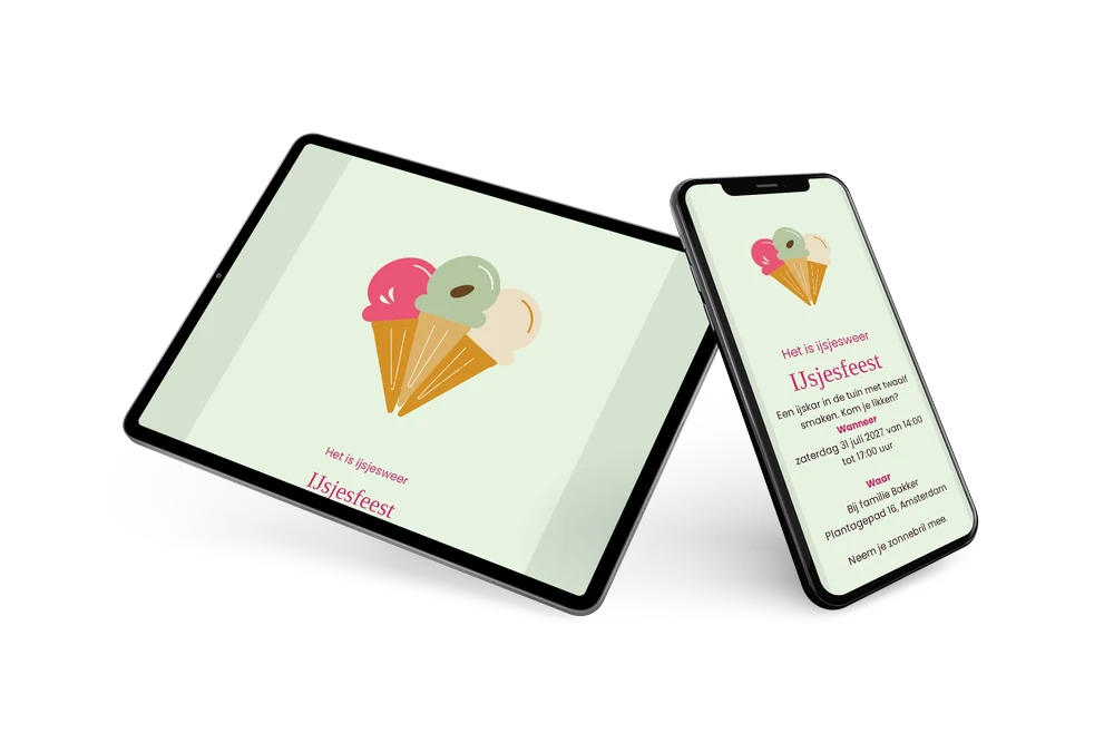 Mintgroene tuinfeest-uitnodiging met roze ijshoorntje &ndash; example 2