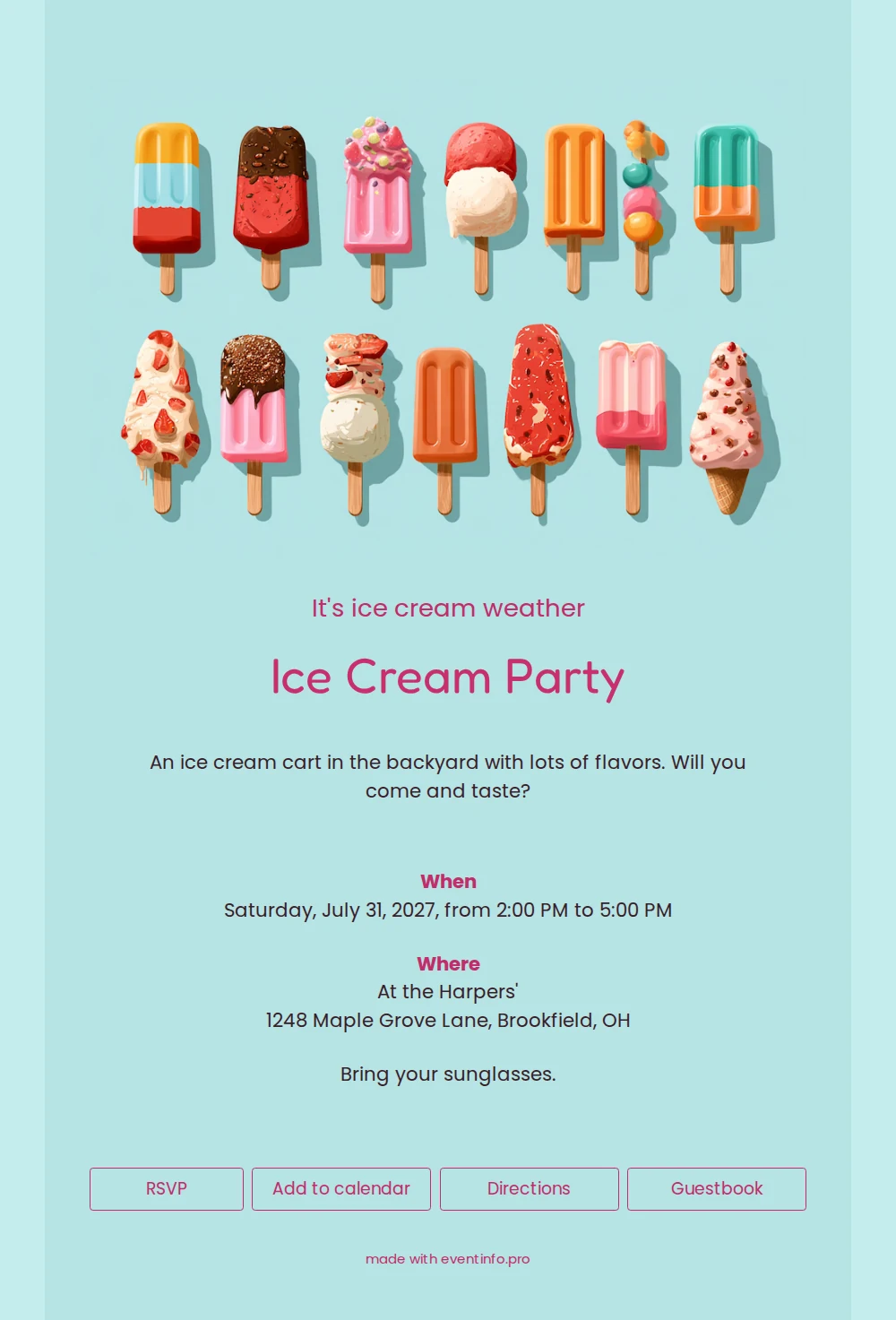 Sunny ice cream party invitation with cones &ndash; example 1