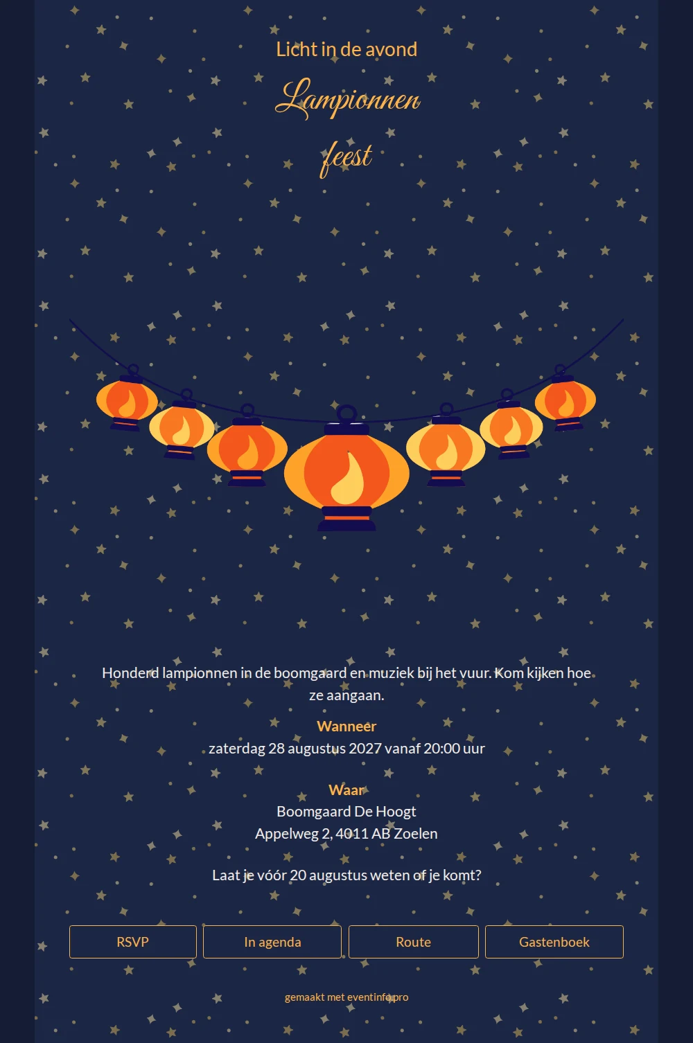 Warme oranje avonduitnodiging met honderd lampionnen &ndash; example 1