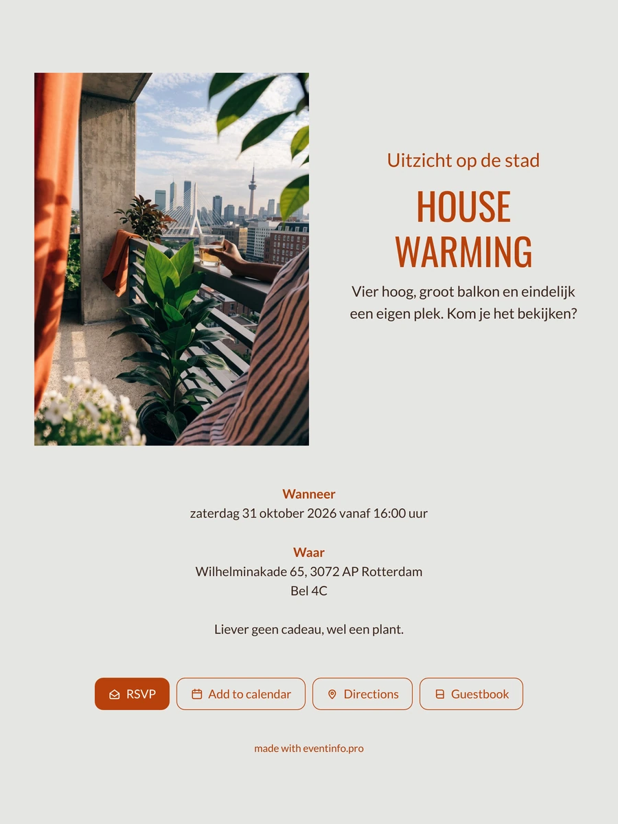 Roestoranje housewarming-uitnodiging met uitzicht op Rotterdam