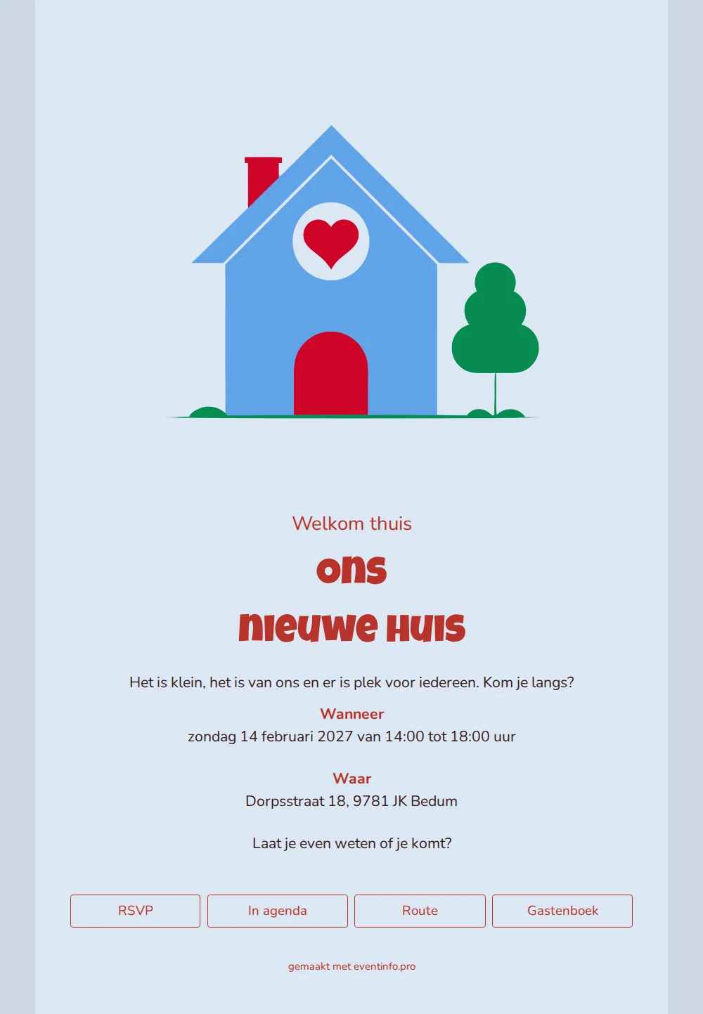 Vrolijke huisuitnodiging met rood hart en boom &ndash; example 1