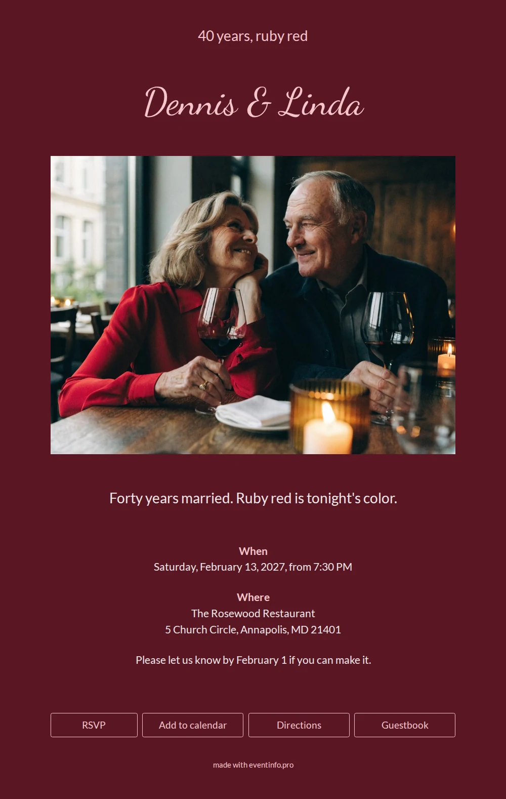Ruby red 40th anniversary dinner invitation &ndash; example 1