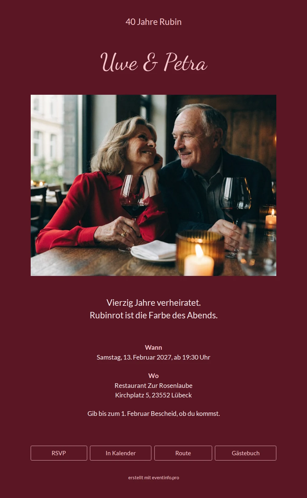 Rubinhochzeit-Einladung zum Abendessen im Restaurant &ndash; example 1