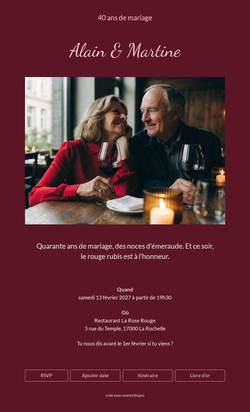 Invitation de noces de rubis au restaurant &ndash; example 1