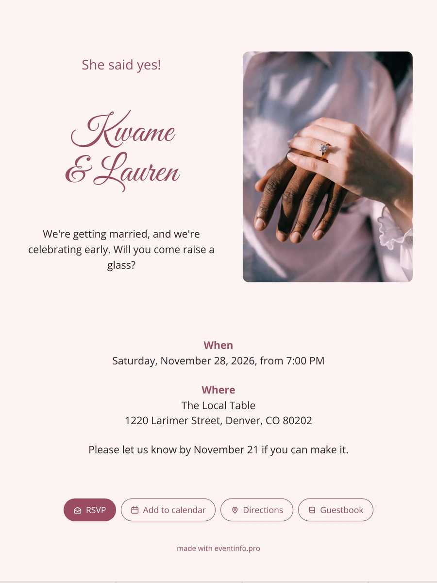 Engagement party invitation with hands and ring