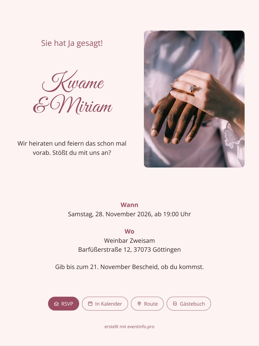 Verlobungsfeier-Einladung mit Händen und Ring