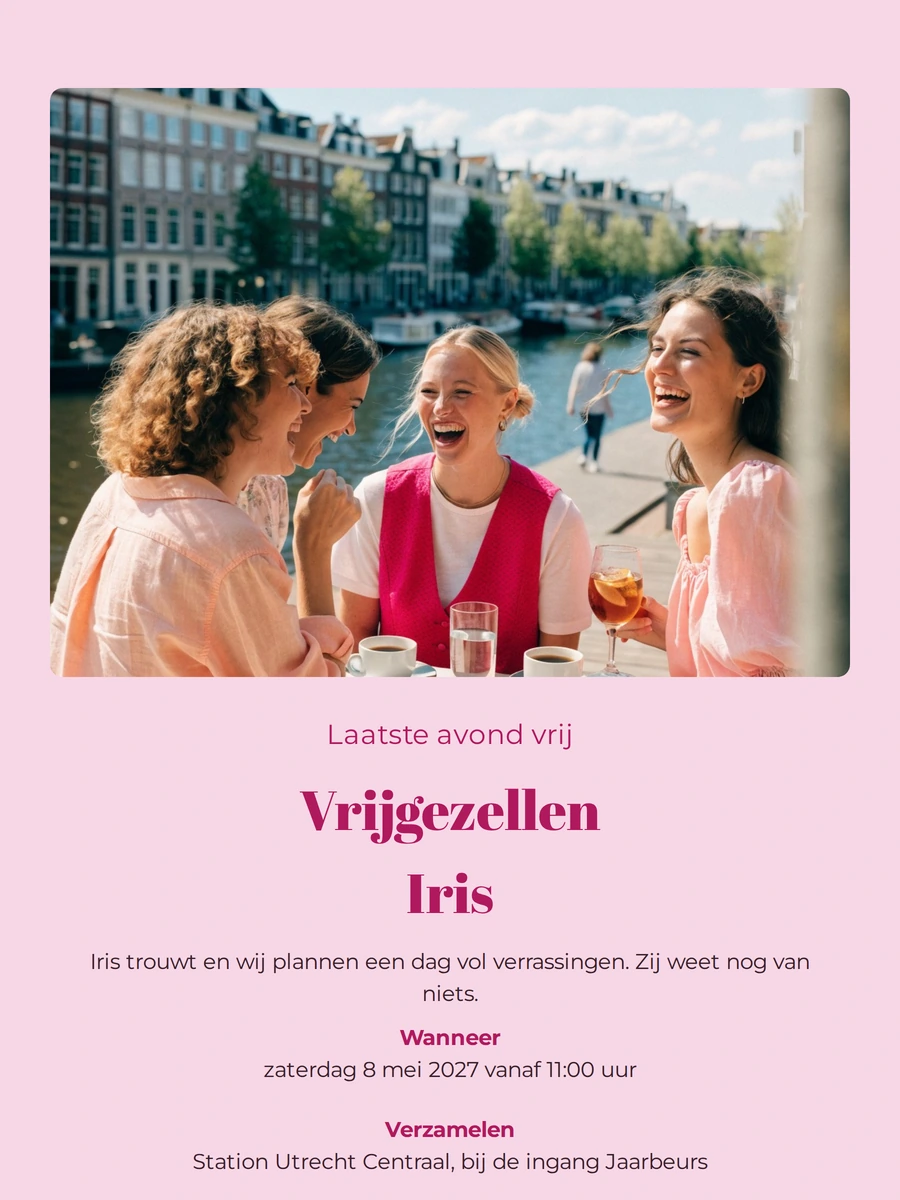 Roze kaart met lachende vriendinnengroep