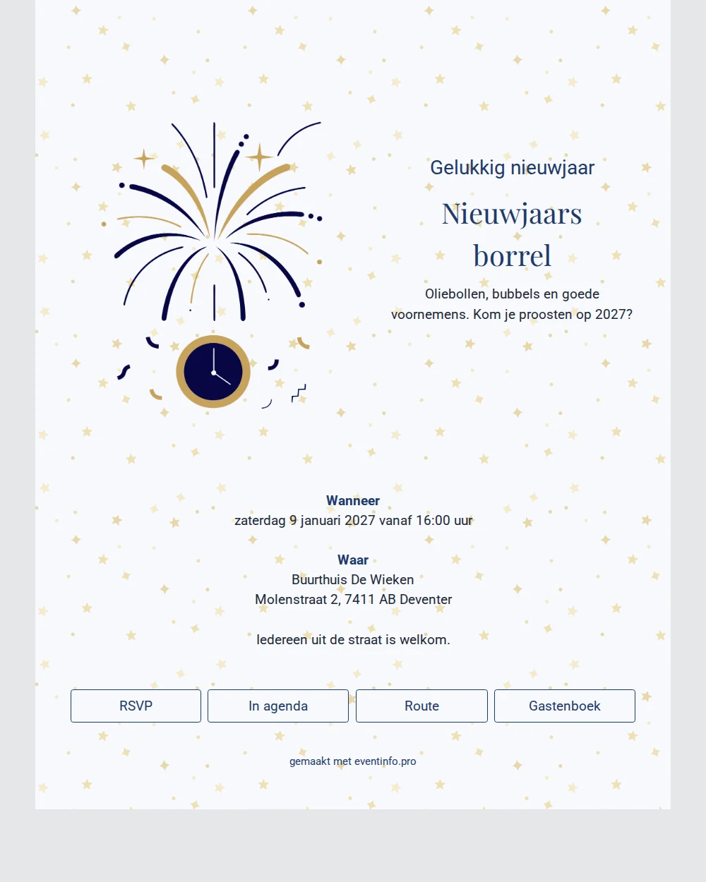 Feestelijke oudjaarsborrel kaart in marineblauw en goud &ndash; example 1