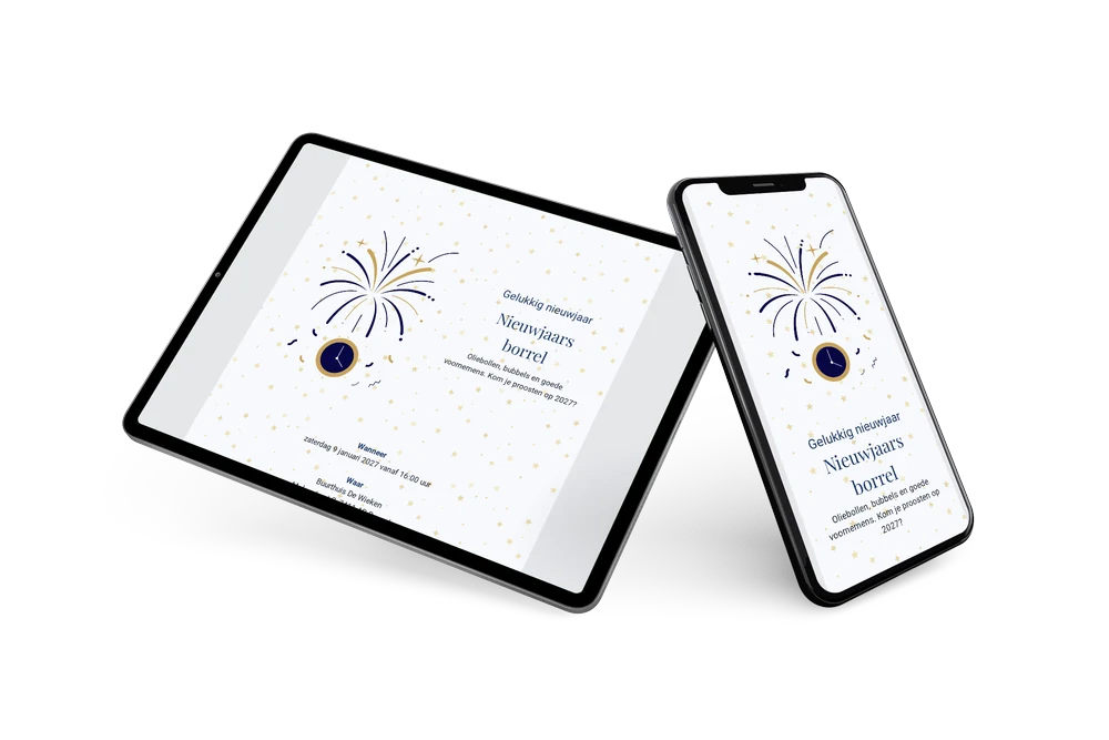 Feestelijke oudjaarsborrel kaart in marineblauw en goud &ndash; example 2
