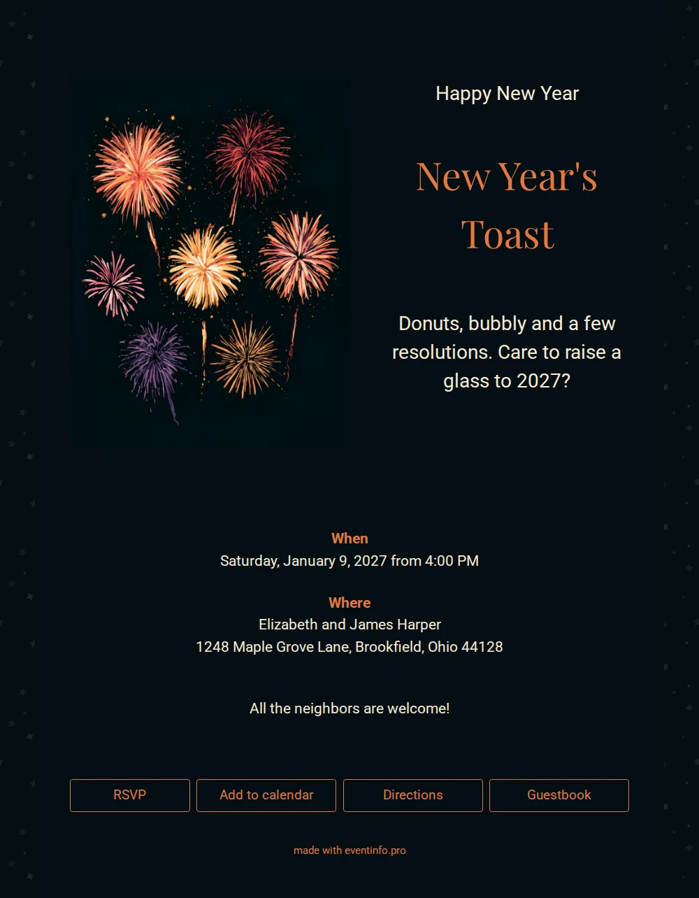 New Year’s party invitation with orange title &ndash; example 1