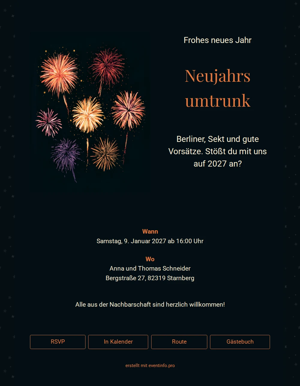 Neujahrseinladung mit Feuerwerk und oranger Überschrift &ndash; example 1