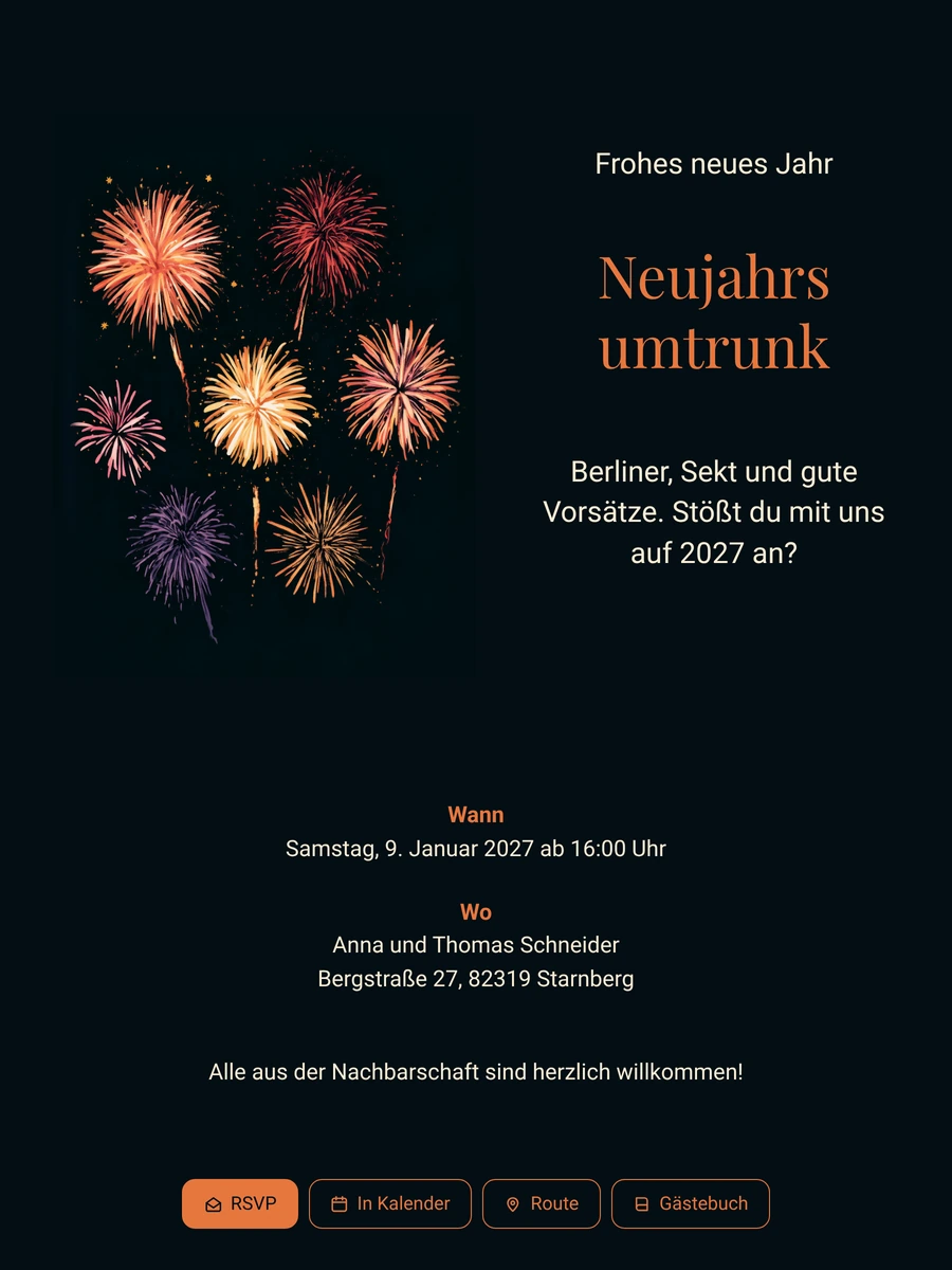Neujahrseinladung mit Feuerwerk und oranger Überschrift