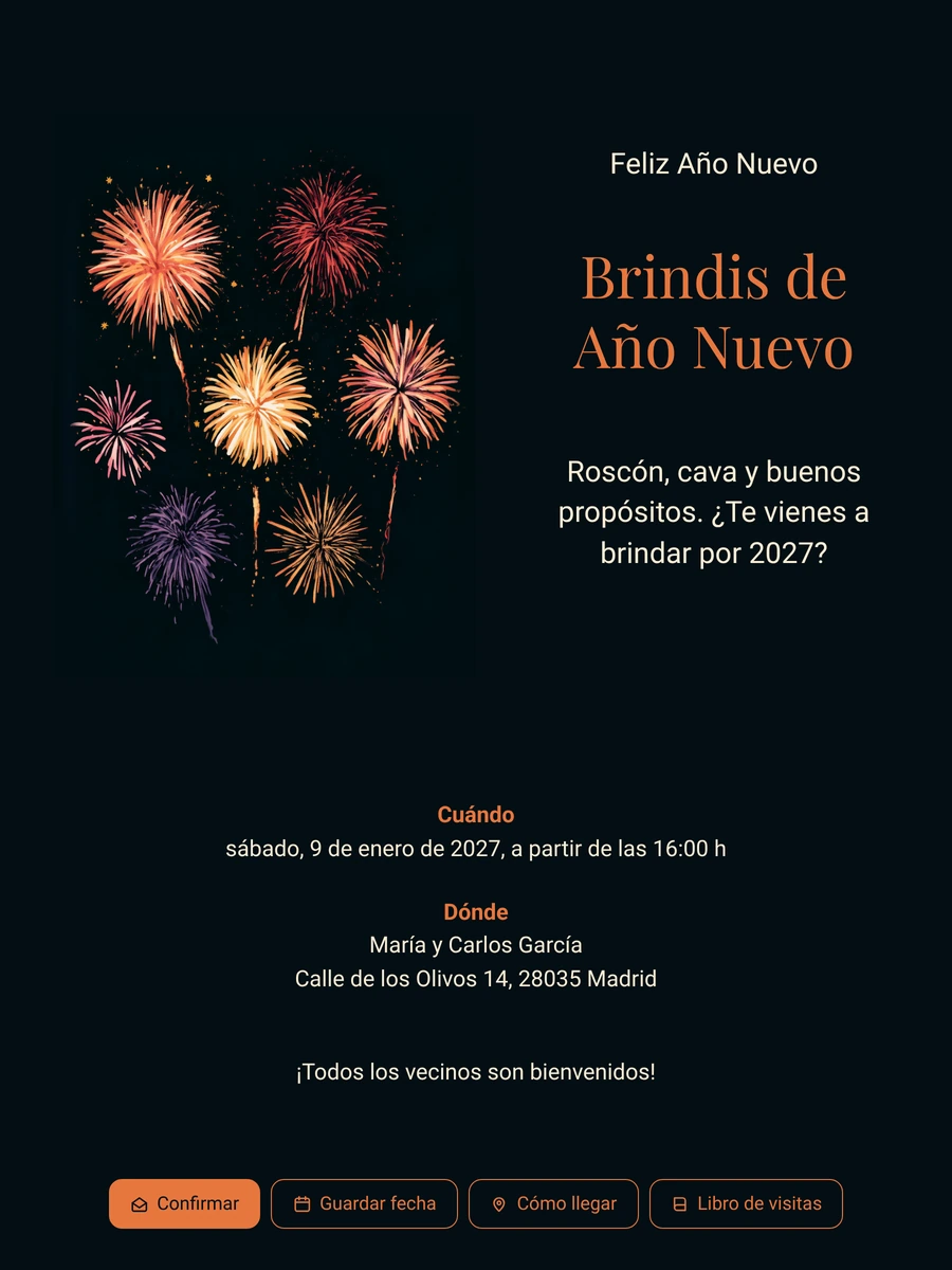 Invitación de Año Nuevo con título naranja