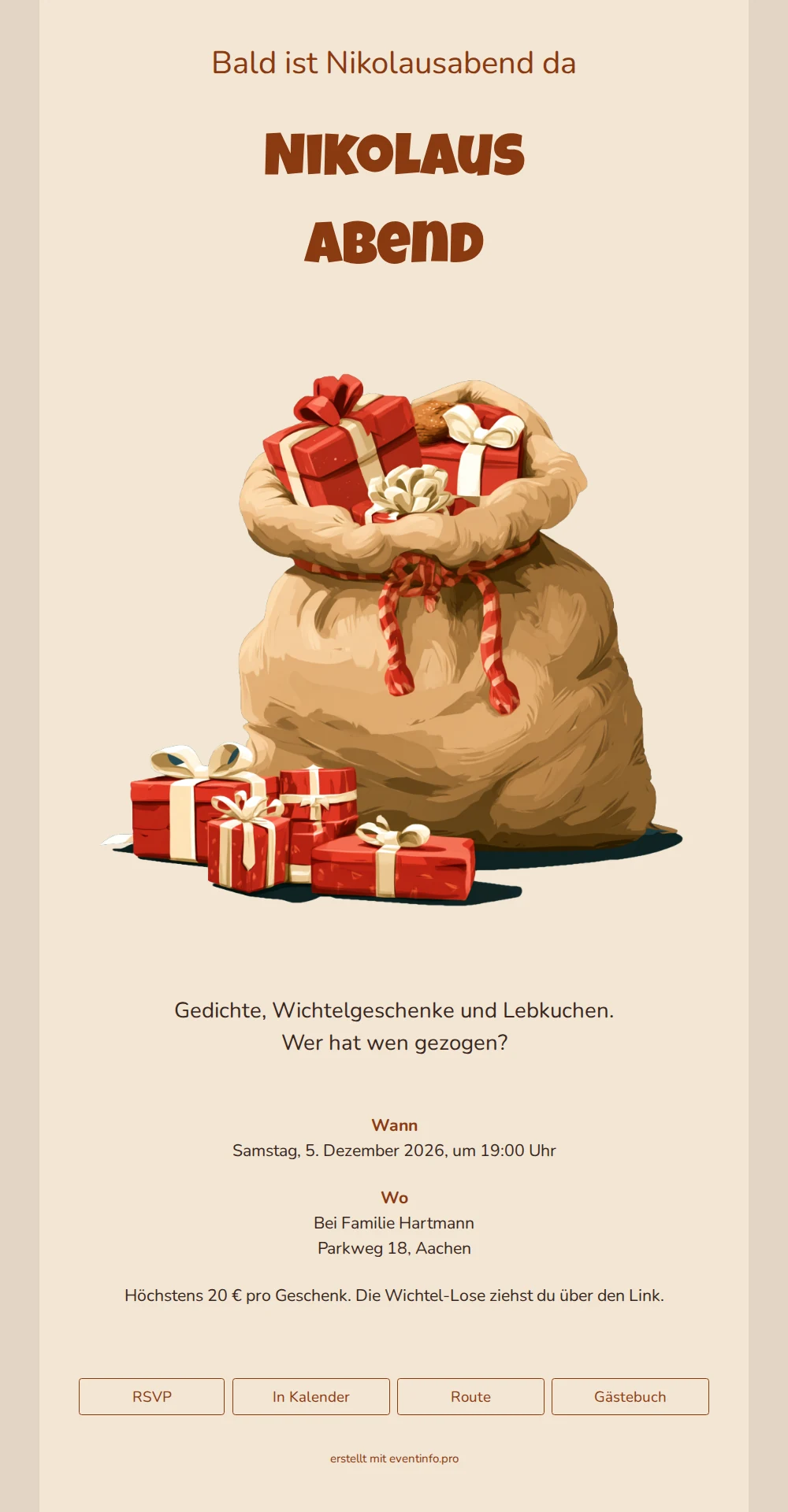 Nikolausabend-Einladung mit brauner Überschrift und Geschenken &ndash; example 1