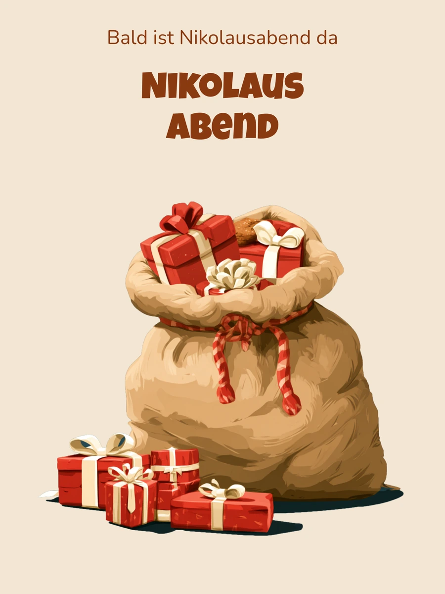 Nikolausabend-Einladung mit brauner Überschrift und Geschenken