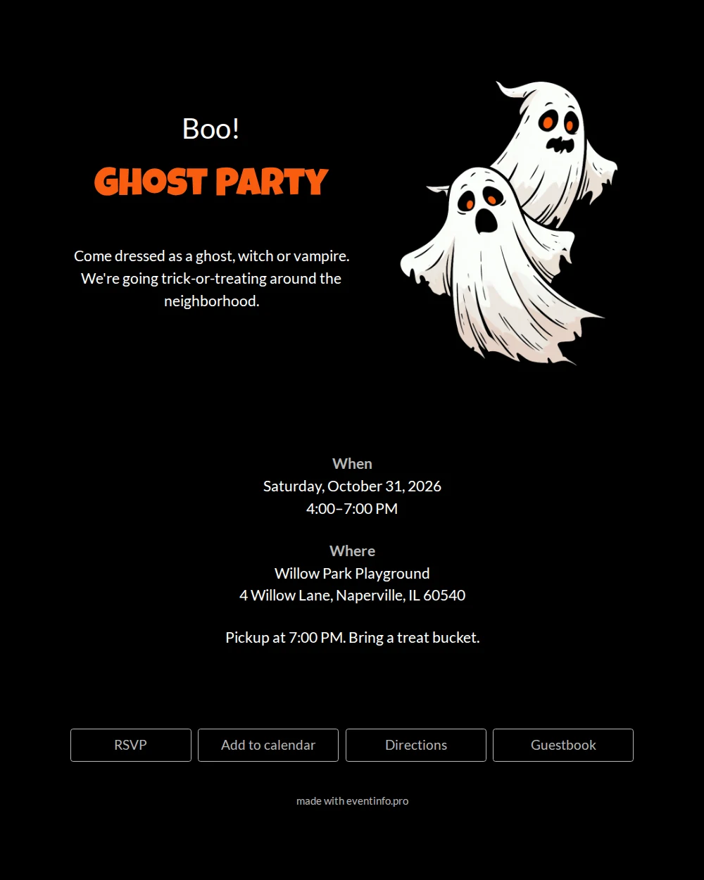 Halloween invitation with ghosts and orange title &ndash; example 1