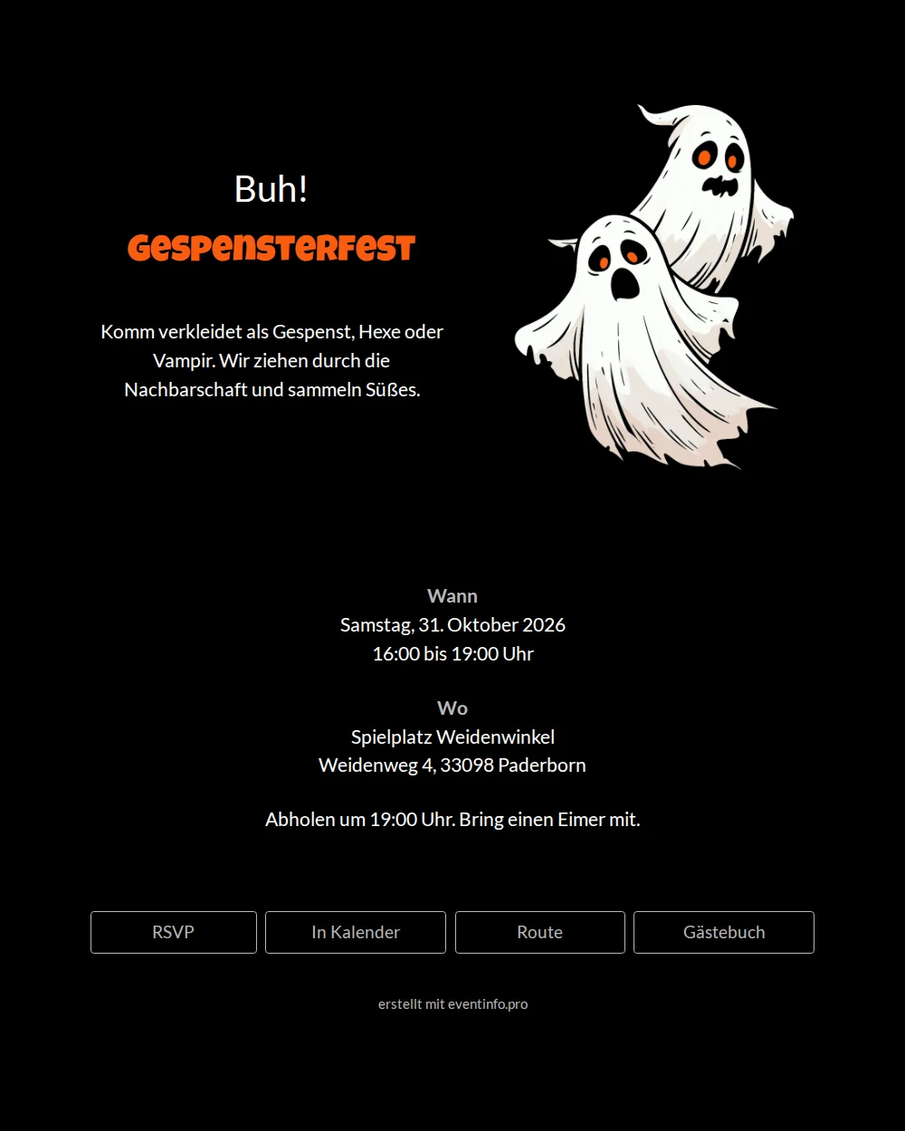 Halloween-Einladung mit Gespenstern und oranger Überschrift &ndash; example 1
