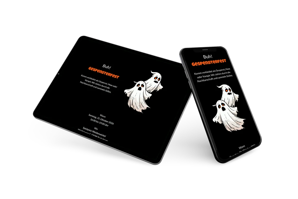 Halloween-Einladung mit Gespenstern und oranger Überschrift &ndash; example 2