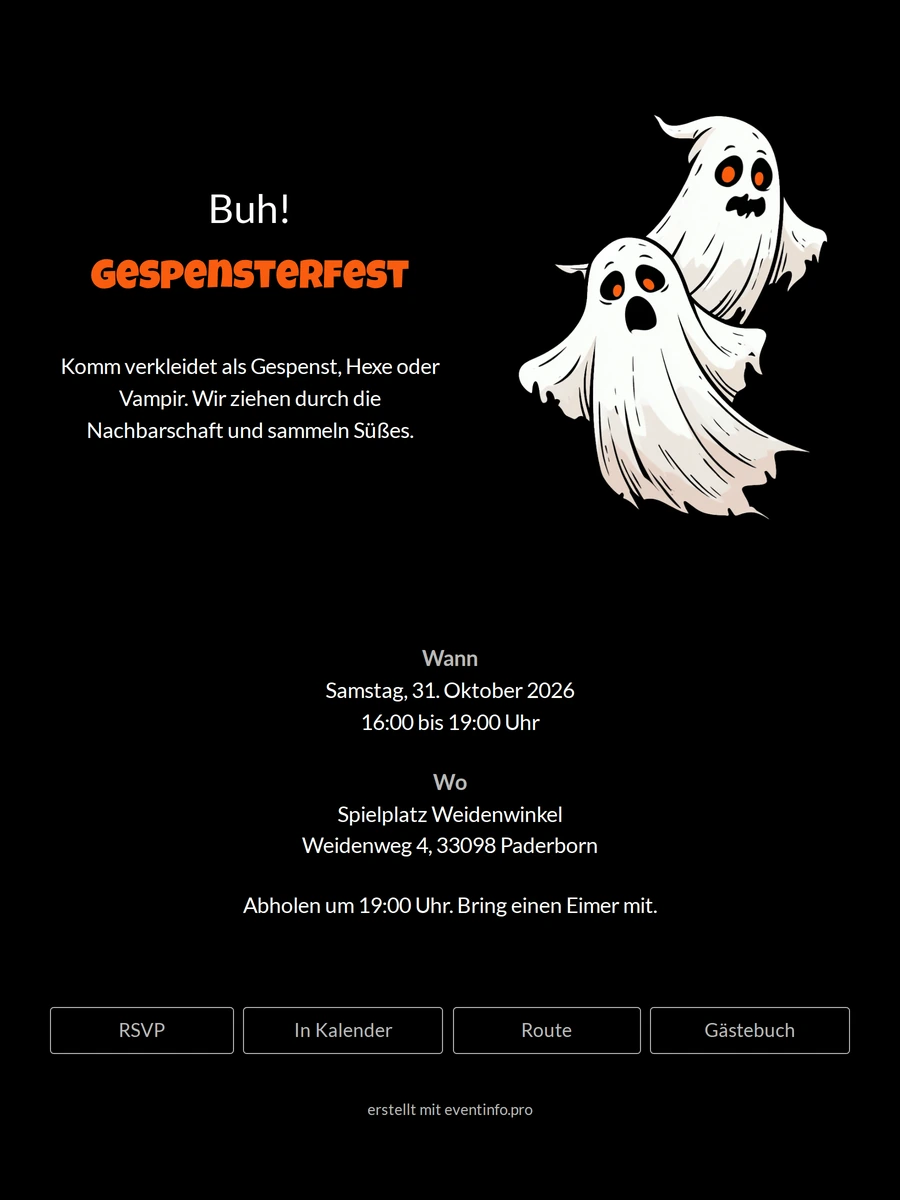 Halloween-Einladung mit Gespenstern und oranger Überschrift