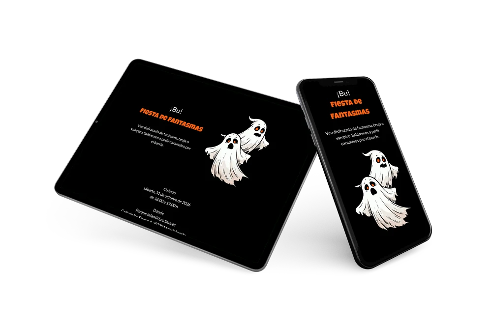 Invitación Halloween con fantasmas y título naranja &ndash; example 2