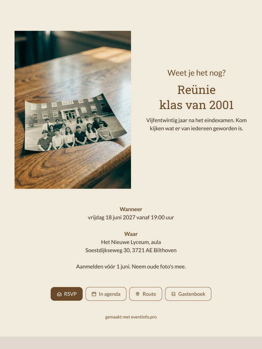 Nostalgische klassenreunie uitnodiging versturen met schoolfoto