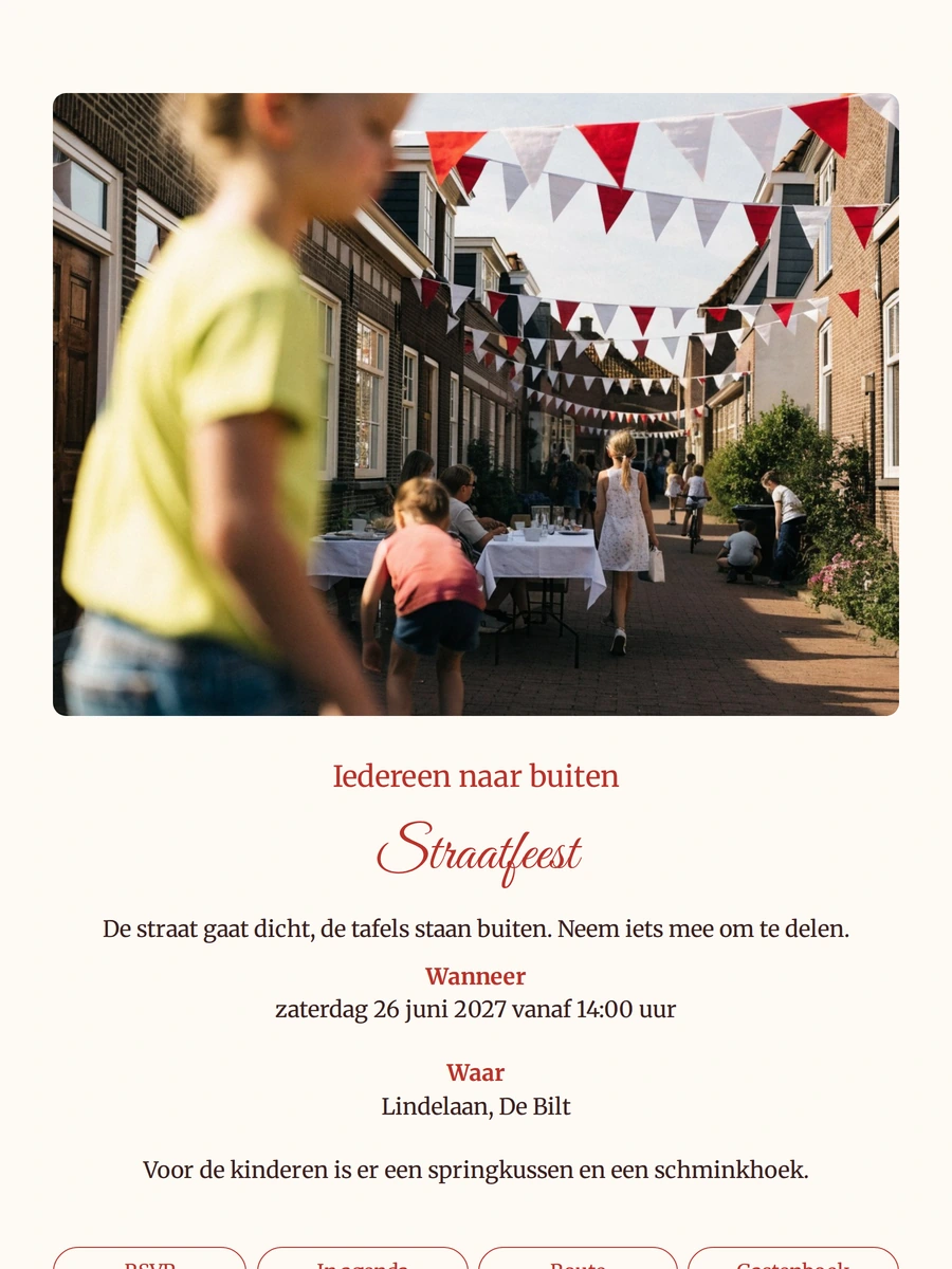 Zomerse straatfeest uitnodiging versturen met vlaggenlijnen