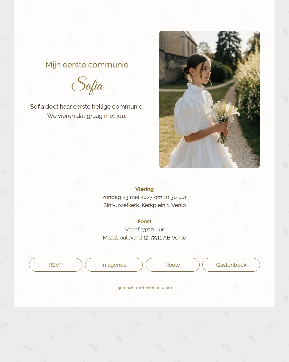 Witte eerste communie kaart met wandelpad en bloemen &ndash; example 1
