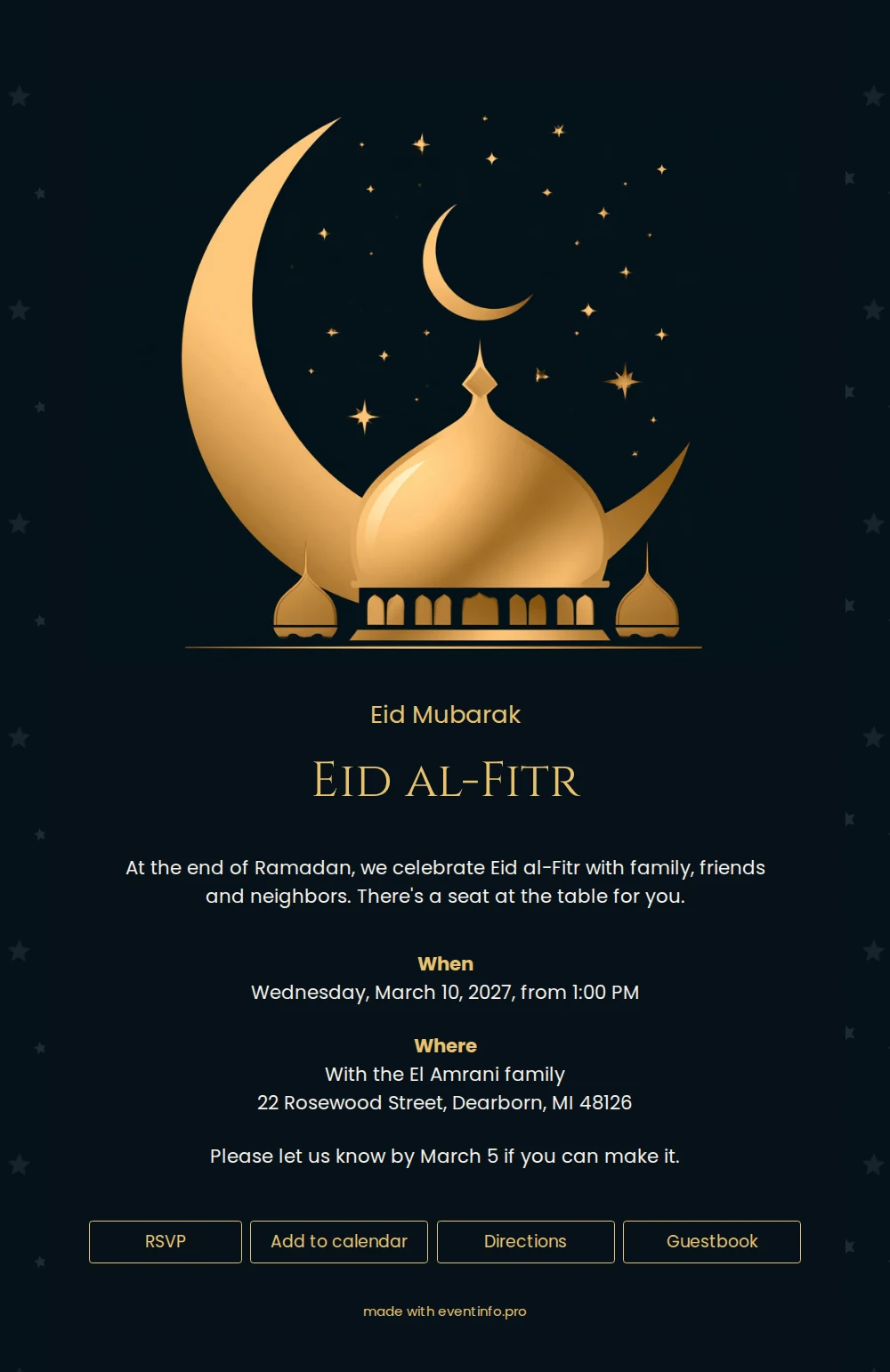 Golden crescent moon Eid party invitation &ndash; example 1