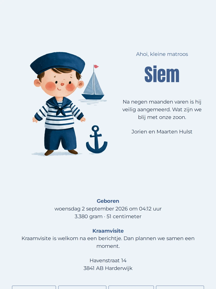Geboortekaartje met kleine matroos en anker versturen