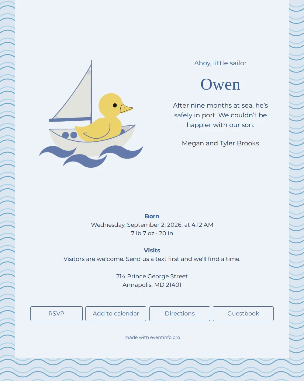 Create a calm navy birth announcement &ndash; example 1