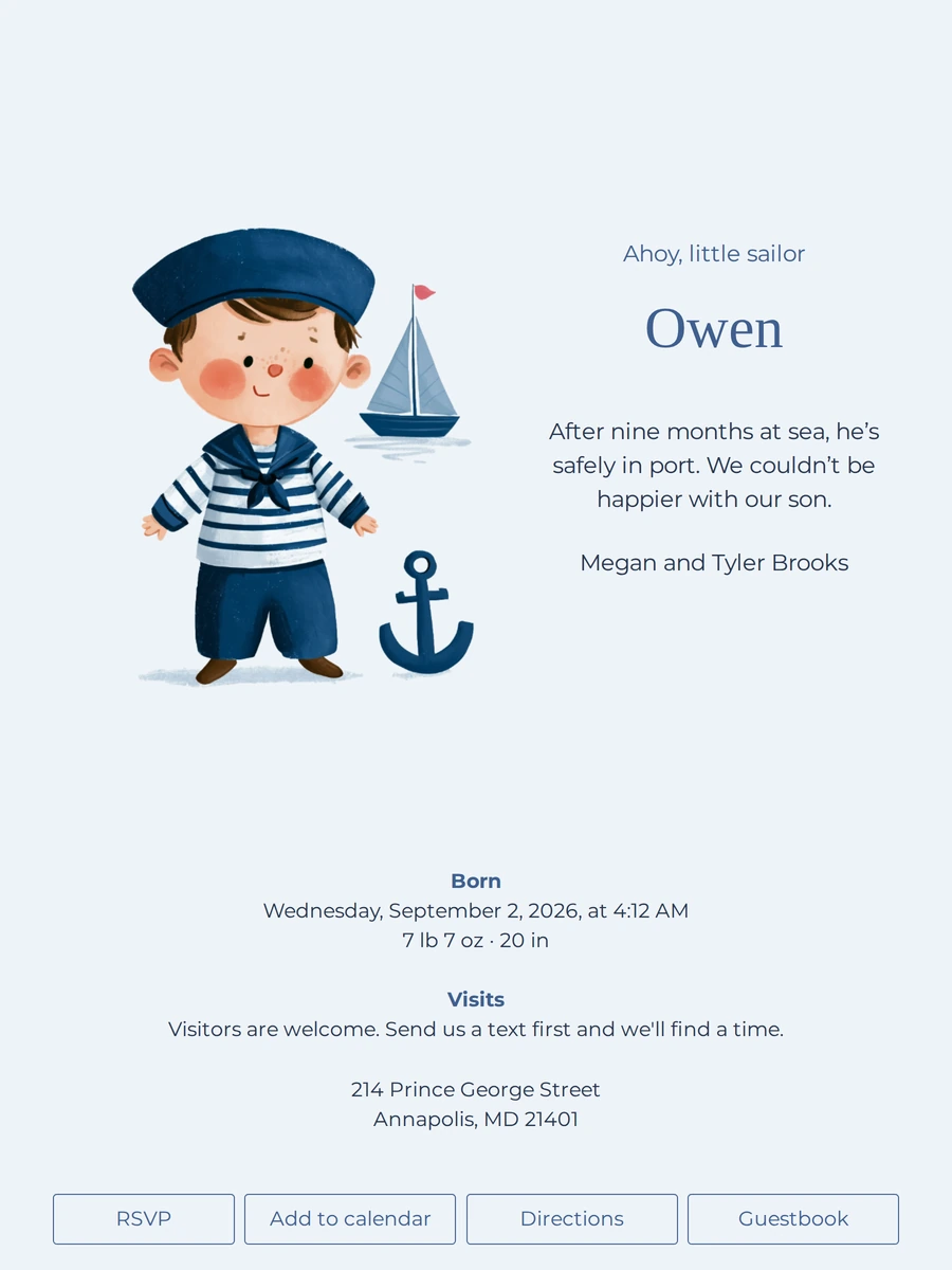 Nautical birth card with sailboat and anchor