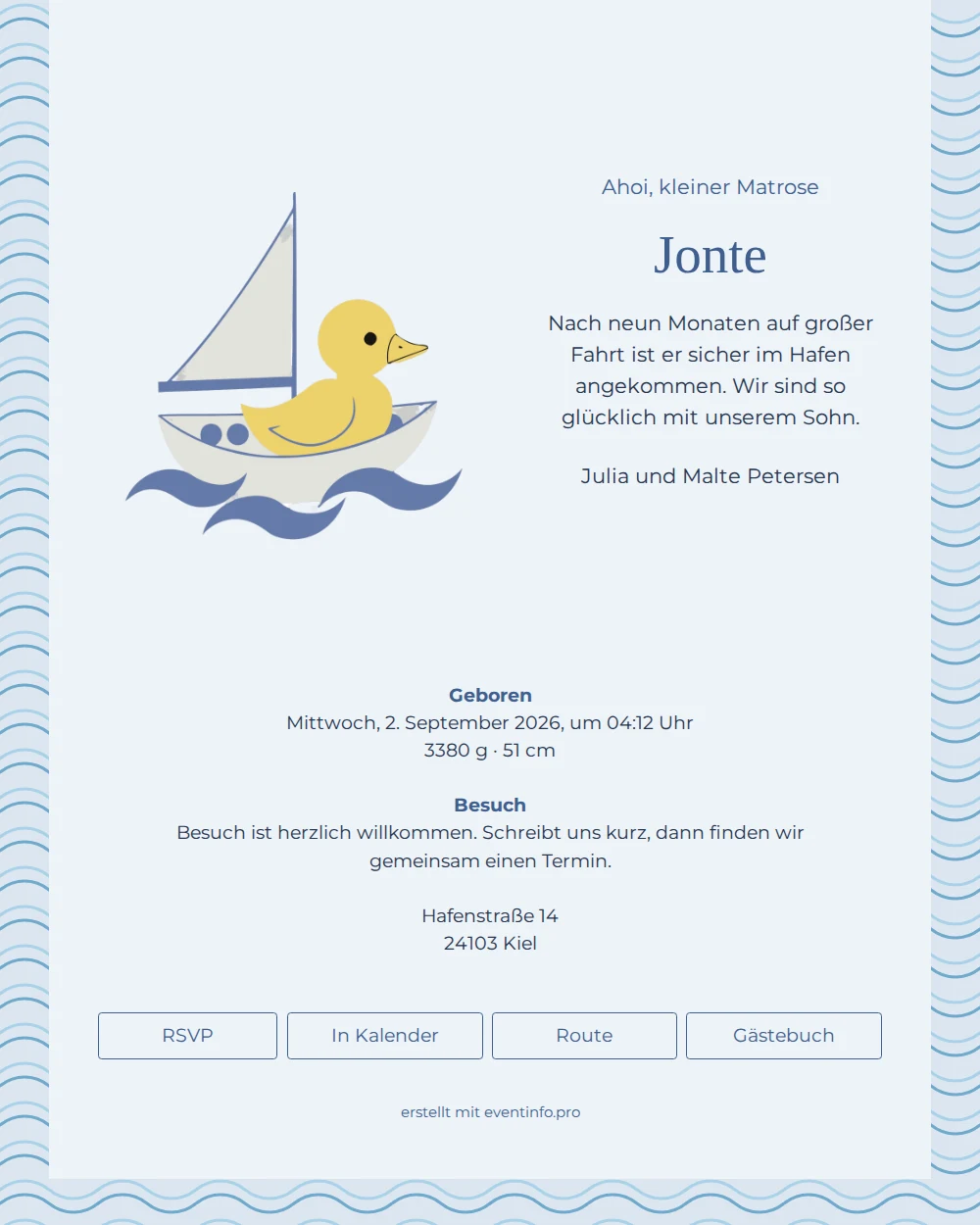 Maritime Geburtskarte in ruhigen Blautönen erstellen &ndash; example 1