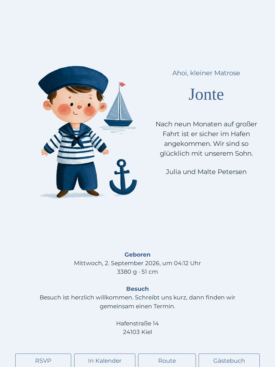 Maritime Geburtskarte mit Segelboot und Anker erstellen