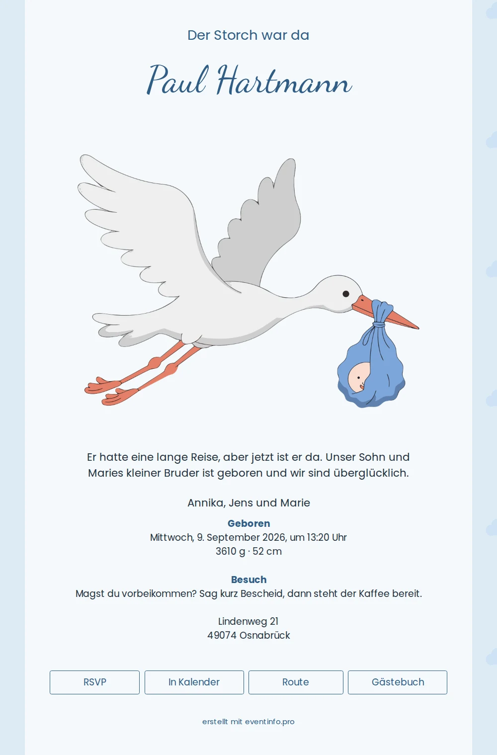 Klassische Geburtskarte in sanftem Blau &ndash; example 1