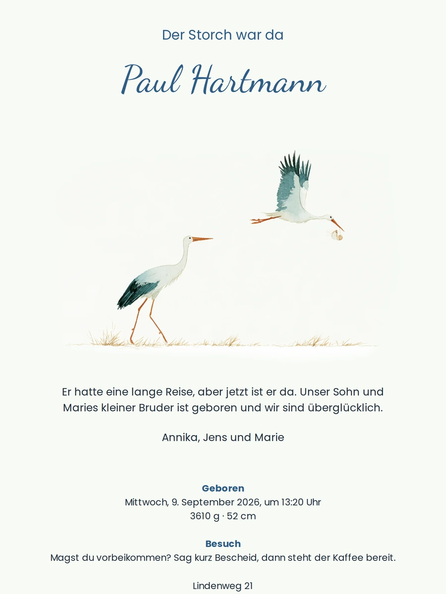 Hellgr&uuml;ne Geburtskarte mit fliegendem Storch