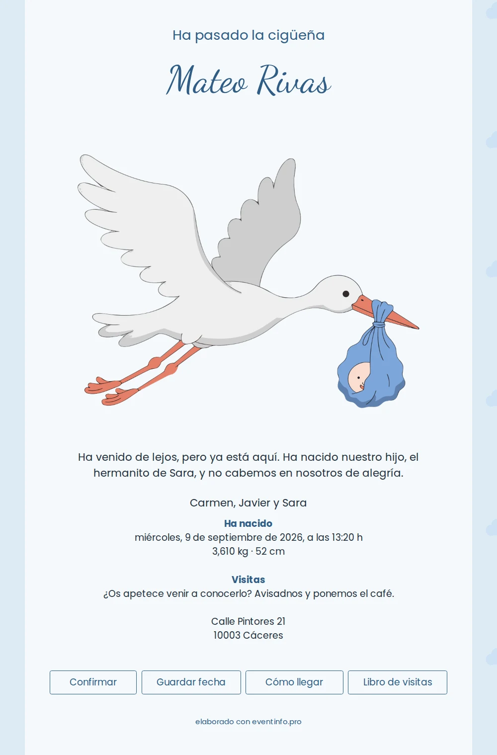 Tarjeta clásica de nacimiento en azul suave &ndash; example 1