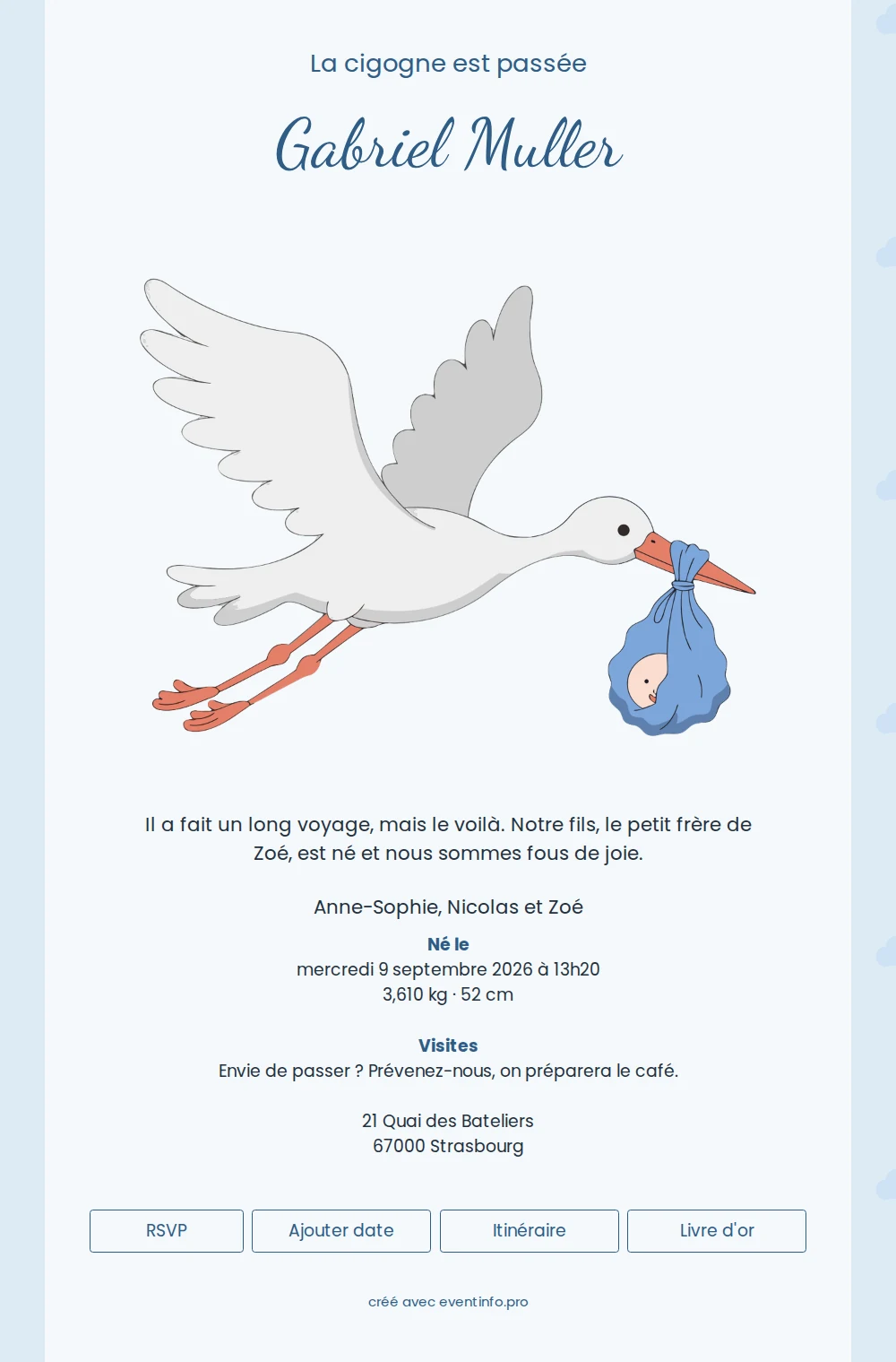 Faire-part classique de naissance en bleu doux &ndash; example 1