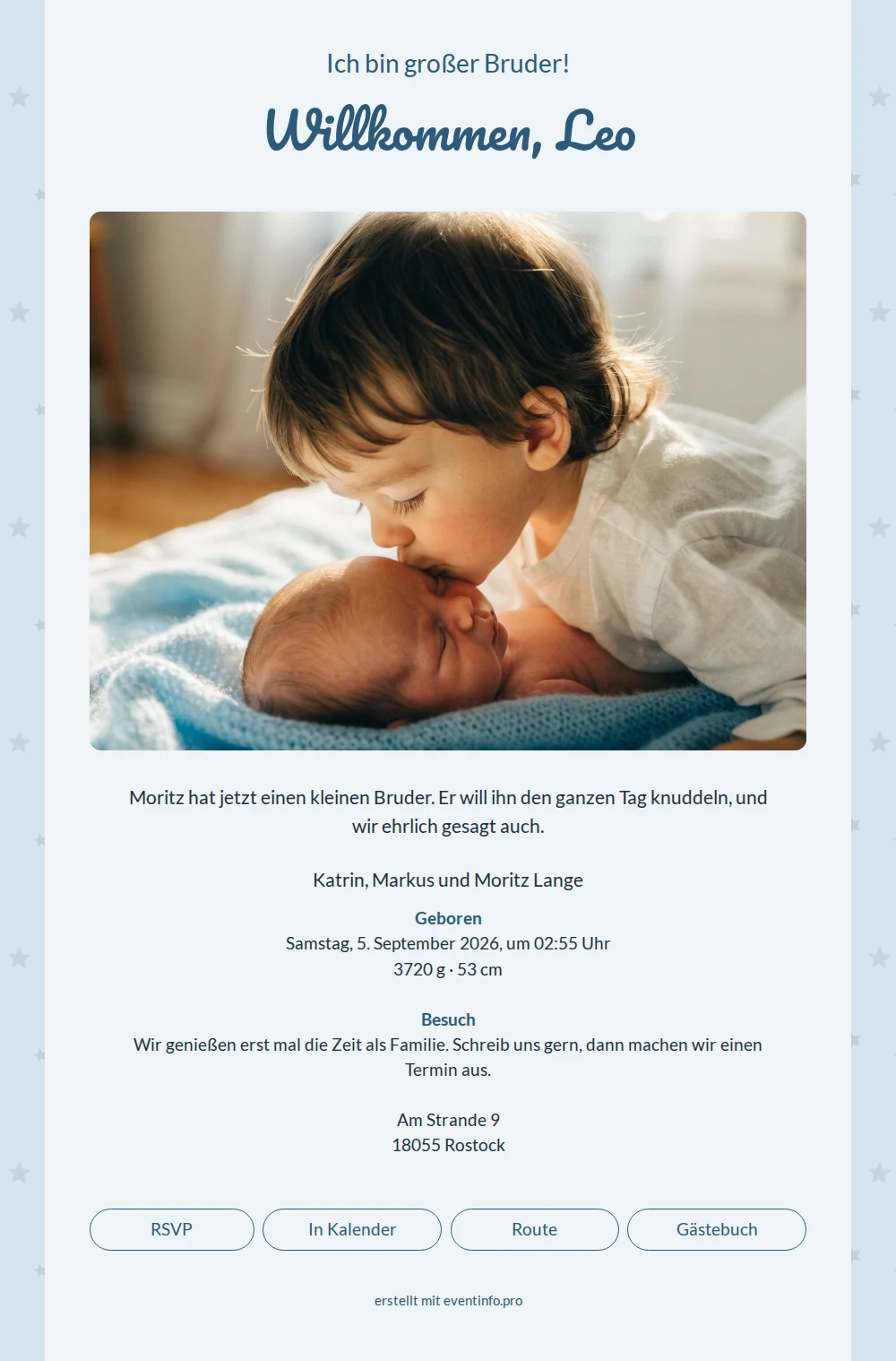 Zarte Geburtskarte mit Geschwisterfoto statt Illustration &ndash; example 1