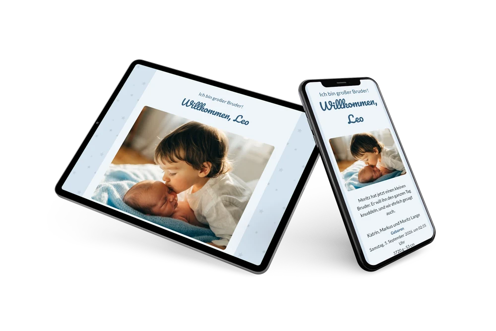 Zarte Geburtskarte mit Geschwisterfoto statt Illustration &ndash; example 2