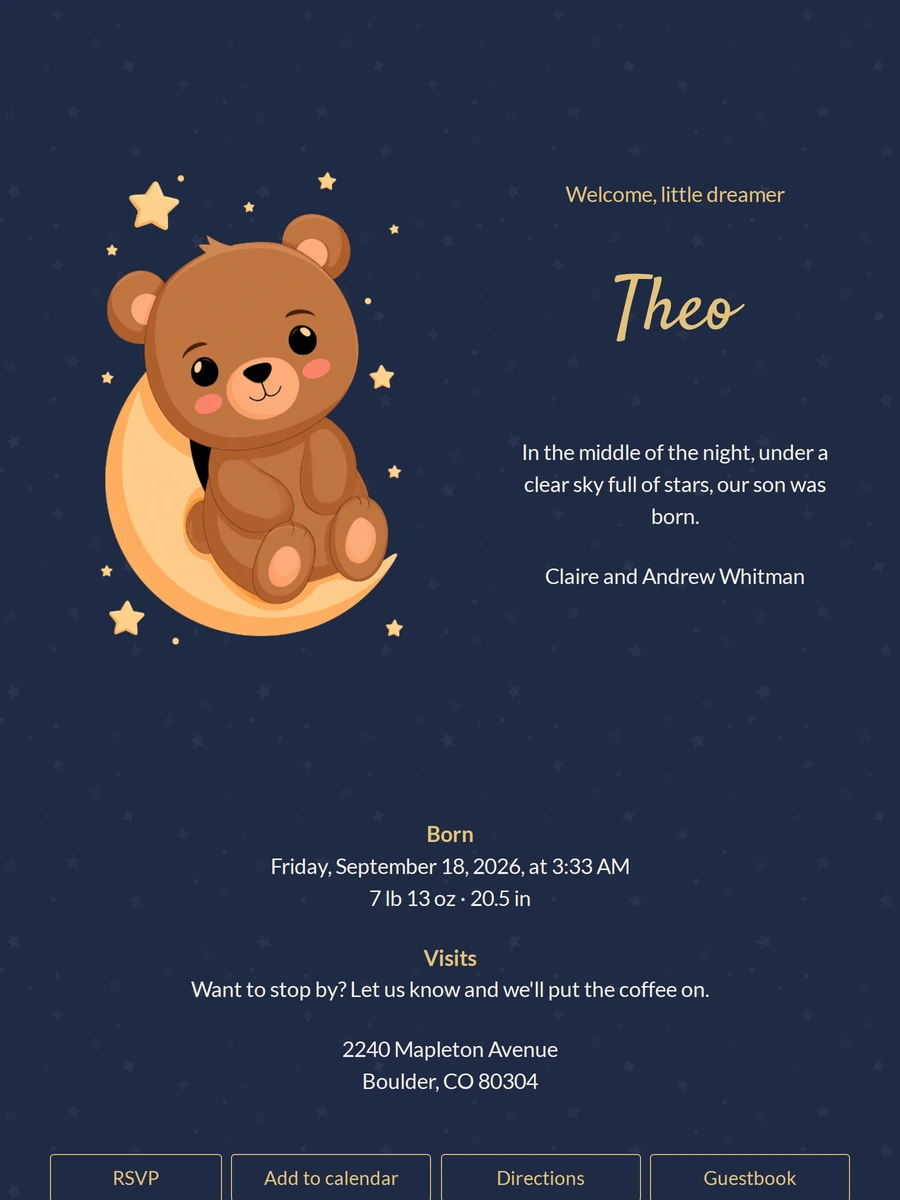 Dreamy Birth Card With Moon And Bear