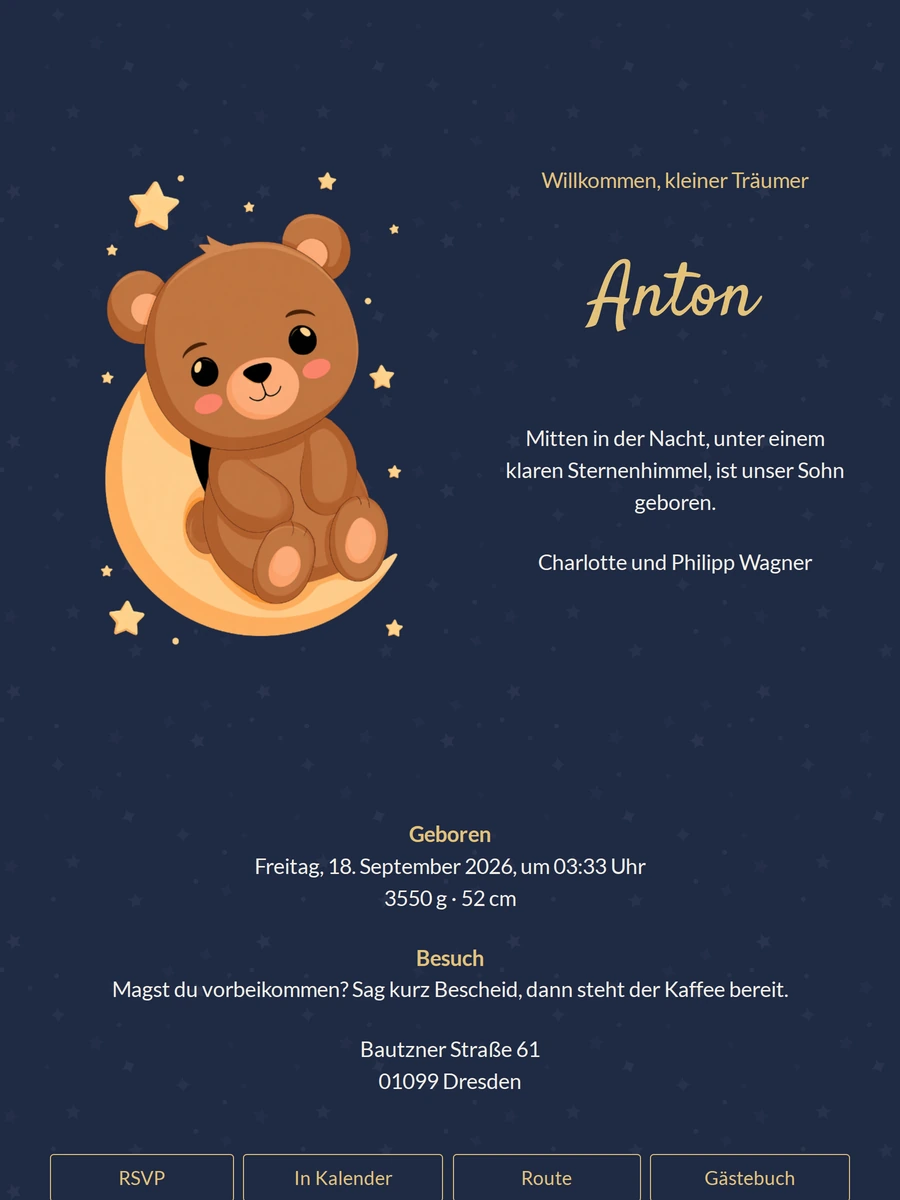 Traumhafte Geburtskarte mit Mond und Bär
