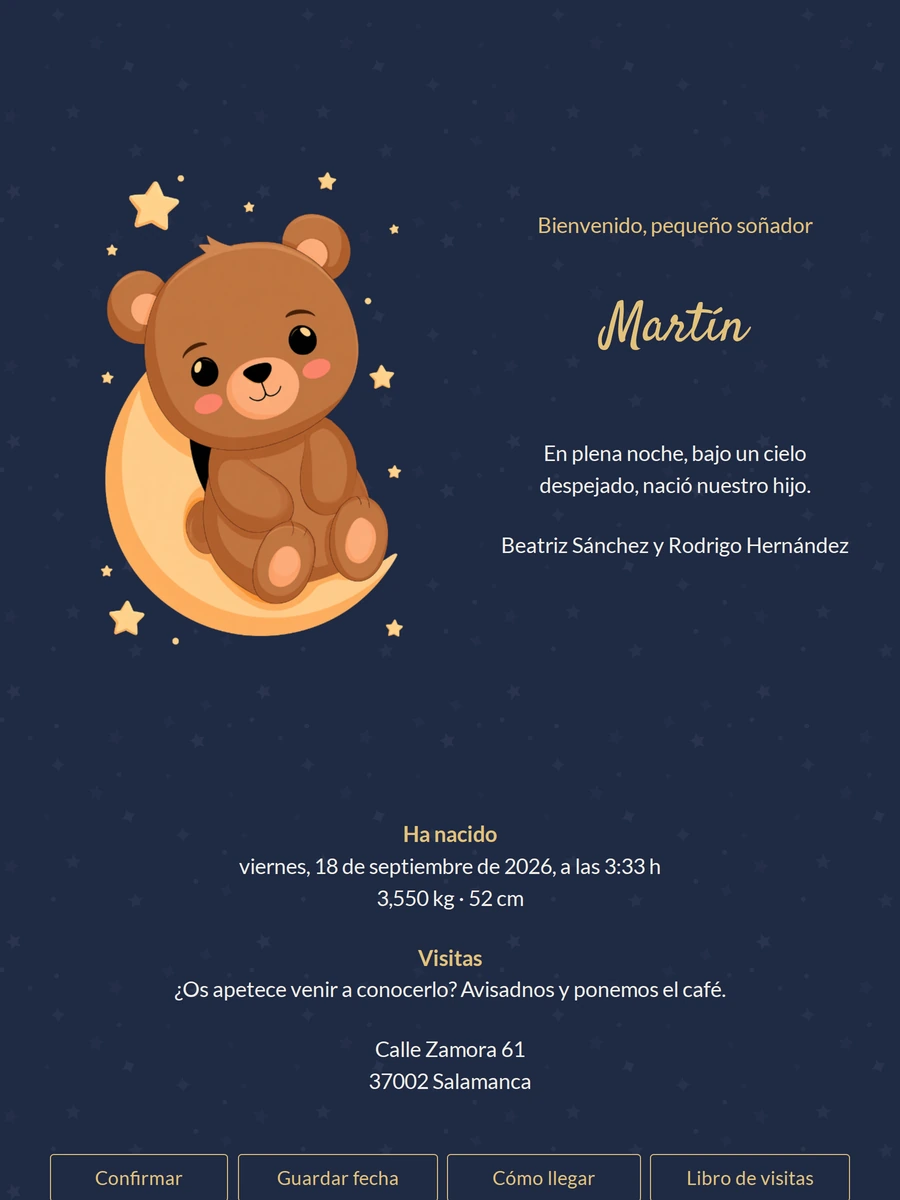 Tarjeta soñadora de nacimiento con osito